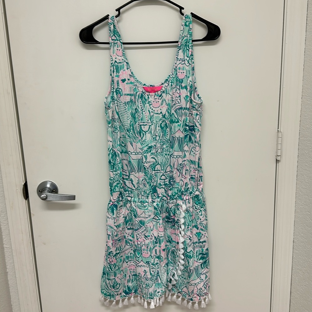 Lilly Pulitzer, romper, medium, teal, pink, and white, with white fringe